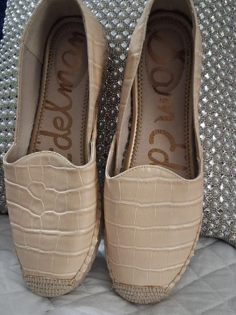 Sam Edelman Sz 9 Beige Croc-Embossed Leather Espadrille Loafers - Women $26